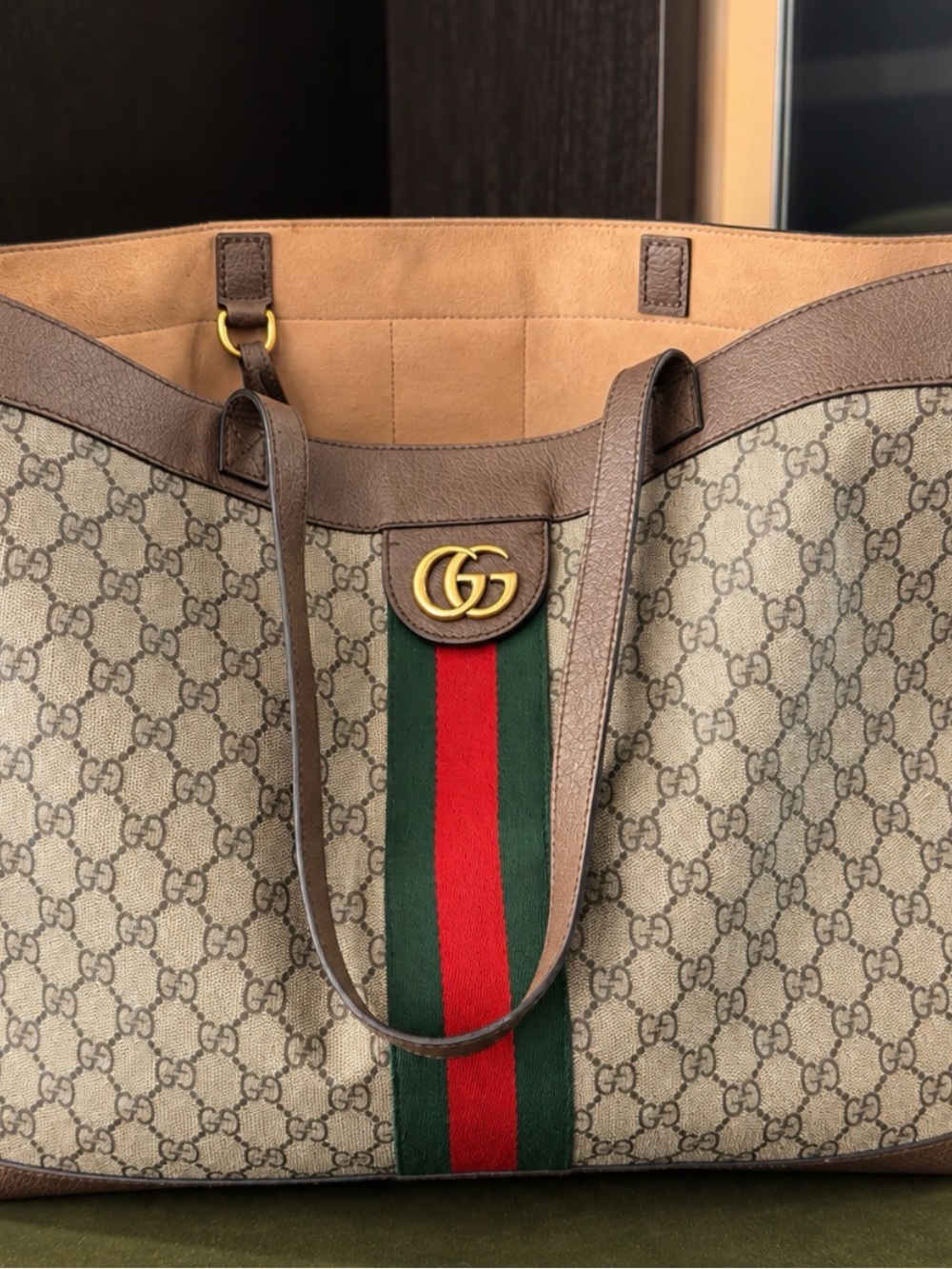 Gucci Beige GG Supreme Canvas Tote with Brown Leather Trim and Green-Red Web